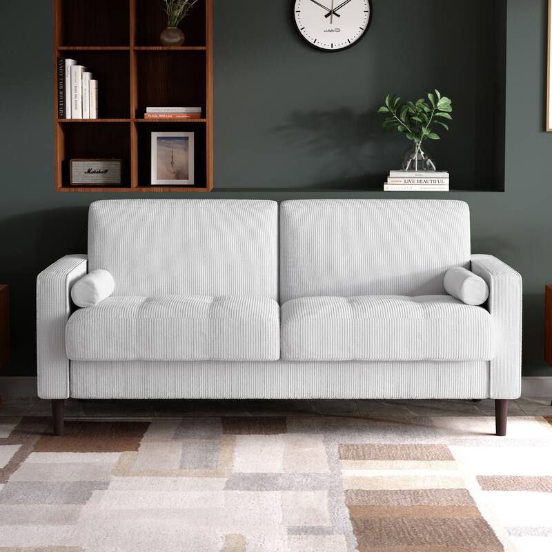 Modern Corduroy Upholstered 2 Seater Sofa with Bolster Pillows