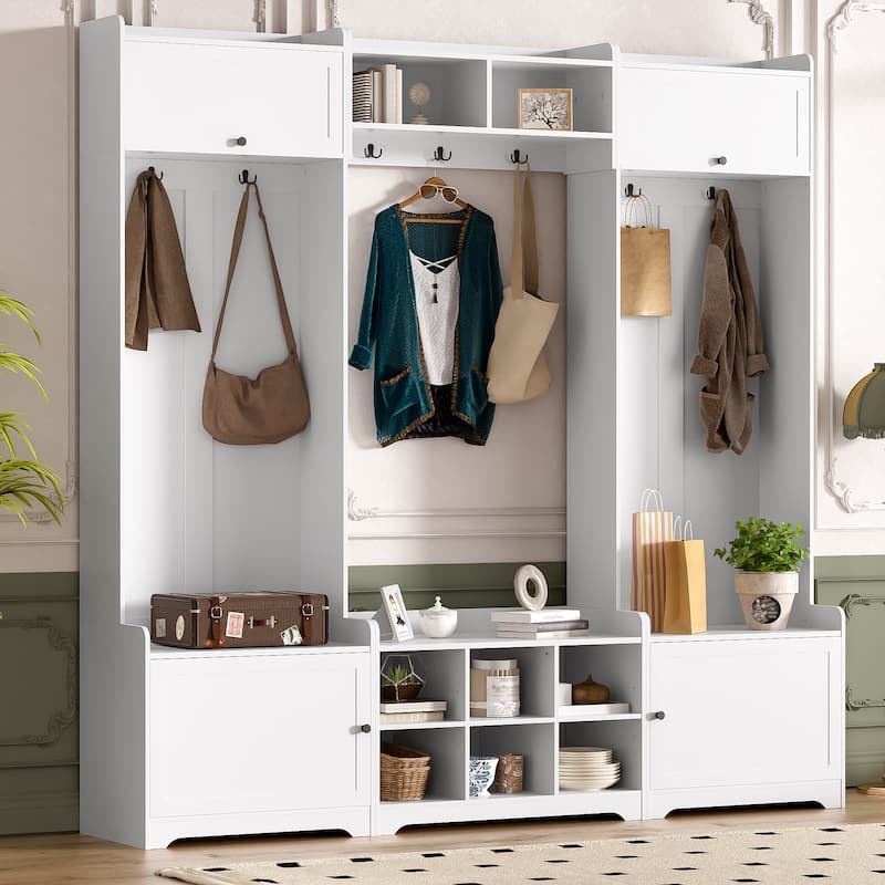 79.1" Wide Modern Hall Tree with Shoe Storage, 8 Cubbies & 7 Coat Hooks - Entryway Bench with Adjustable Shelf - White