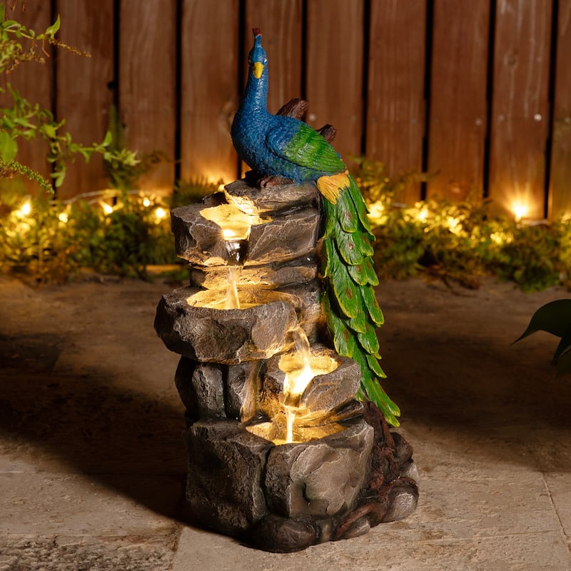 Glitzhome 20.5"H 4-Tierd Lighted Peacock Stacked Stones Polyresin Outdoor Floor Fountain