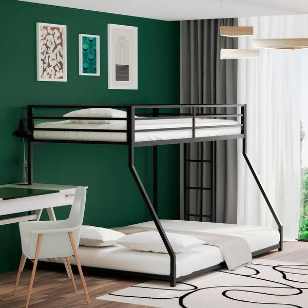 slide 2 of 17, Classic Twin over Full Square Metal Bunk Bed With Exchangeable Ladder and Sturdy Construction Black