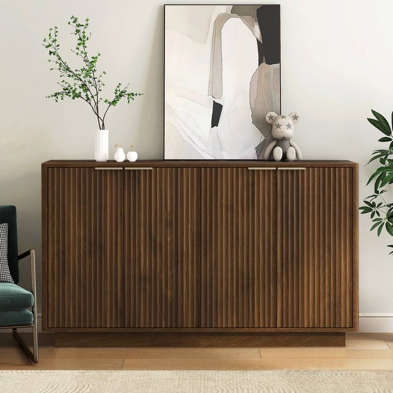 Wood 55.1" Fluted Buffet Cabinet, Credenza with Adjustable Shelves for Stylish Storage and Organization - Brown