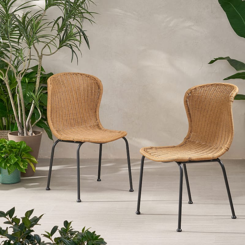 Roomfitters Wicker Outdoor Chairs Set of 2, Armless Curved Back Patio Dining Chairs with Metal Legs, Light Brown