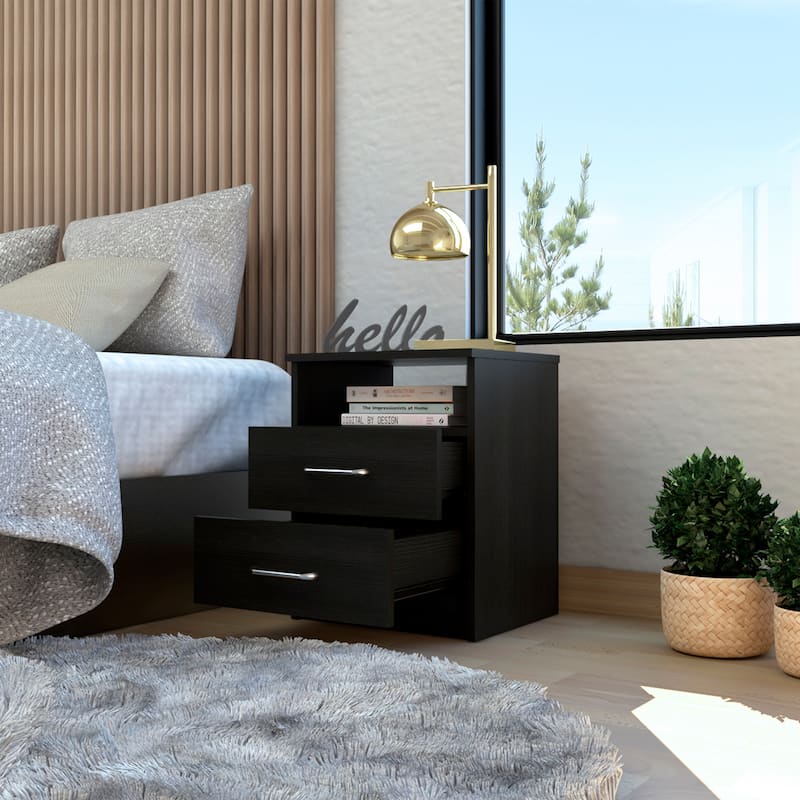 Wenge Rectangle Nightstand with Two Drawers and Shelf