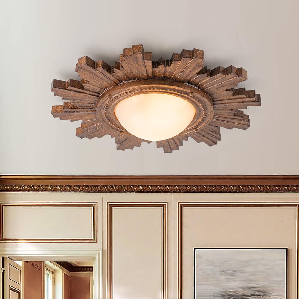 Antique Art Deco Wood Style Sunburst Flush Mount Light Wall Decor