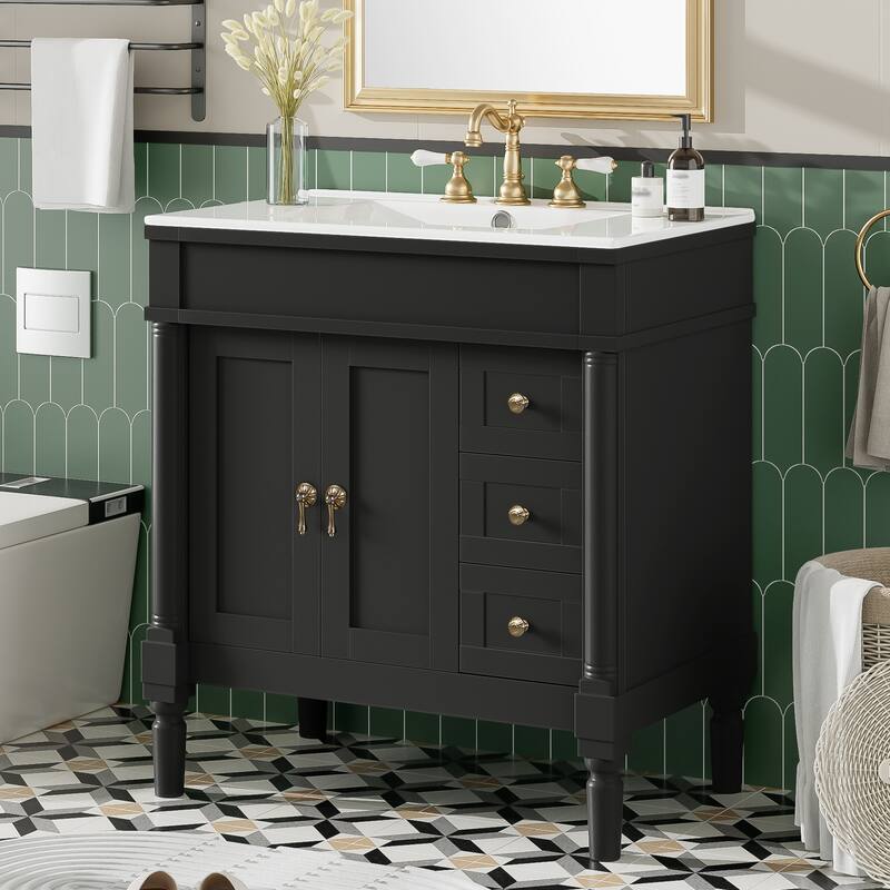 30" Elegant Bathroom Vanity Set with Ceramic Sink - Solid Wood & MDF, 2 Doors & 3 Drawers, Soft-Close, Adjustable Shelf