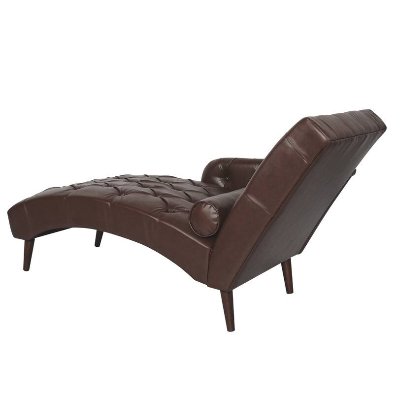 Faux Leather Chaise Lounge Chair with Pillow and Solid Wood Legs, Tufted Upholstered Accent Lounge Chair with Arm