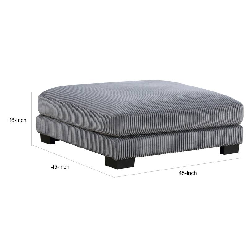 Rix 45 Inch Ottoman, Attached Seat Cushion in Gray Corduroy Fabric, Wood