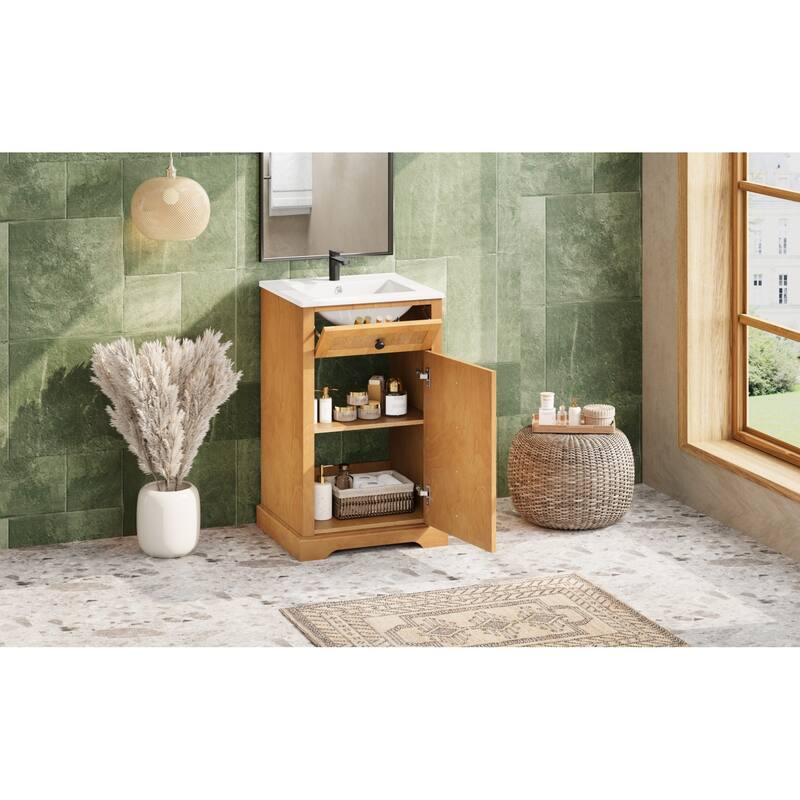 Roomfitters 20 Inch Bathroom Vanity with Integrated Ceramic Sink, Solid Wood Frame Storage Cabinet for Small Rooms, Natural Wood