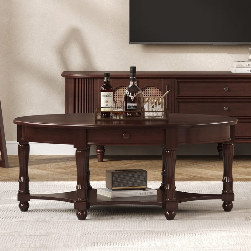 Vintage 45" Oval Coffee Table with Drawer and Storage Shelf, Elegant French Country Living Room Accent Table