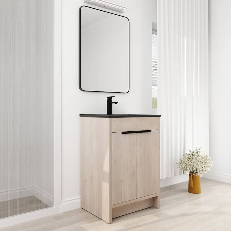 24 Inch Plywood Freestanding Bathroom Vanity With Adjustable Shelf and Black Integrated Ceramic Sink