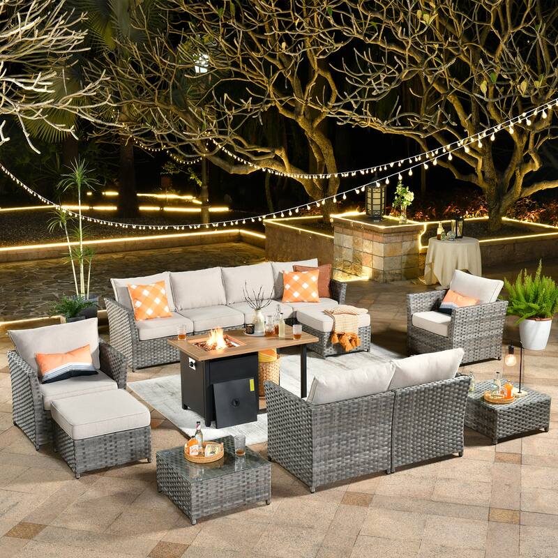HOOOWOOO 13-piece Grey Wicker Rattan Patio Outdoor Sectional Set with Fire Pit - Beige