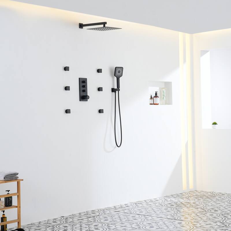 3 Functions 12 Inch Wall Mount Thermostatic Shower System in Matte Black