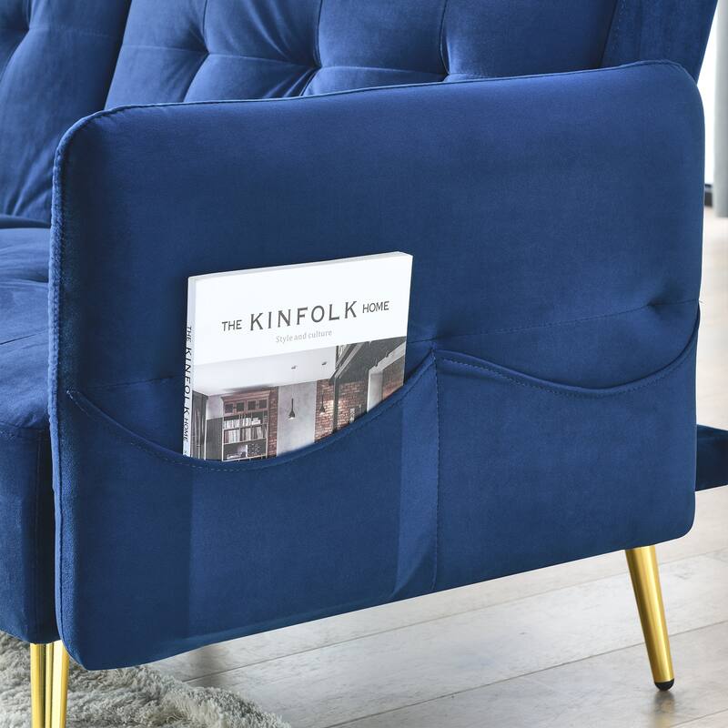 Velvet Futon Sofa Bed with Folded Armrests
