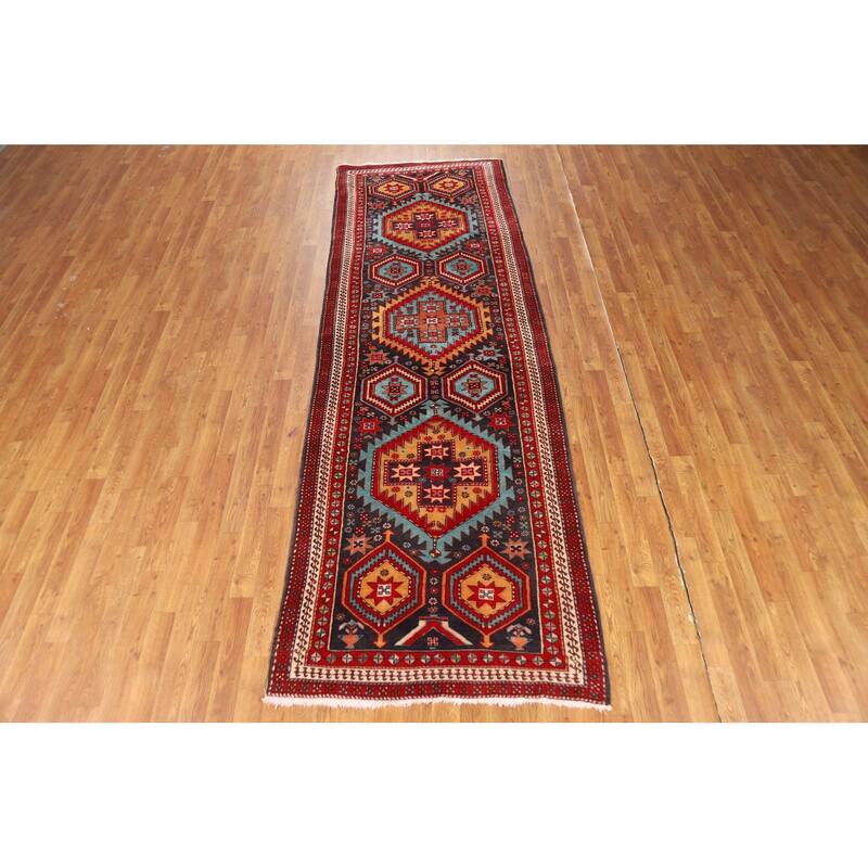 Navy Blue Ardebil Persian Vintage Runner Rug Handmade Wool Carpet - 3'5"x 10'5"