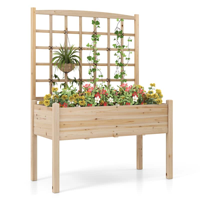 Gymax Raised Garden Bed w/ Lattice Trellis Drainage Holes Legs Legs - Brown