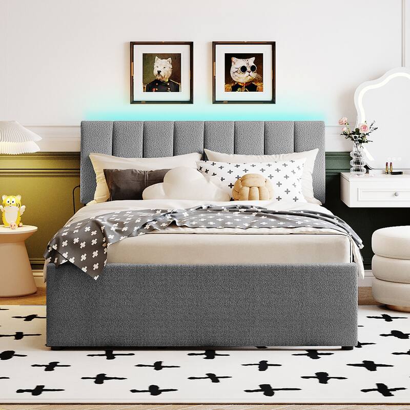 Full Size Upholstered Platform Bed with Twin Trundle, Gray, Remote-Controlled LED Lights, Durable Design
