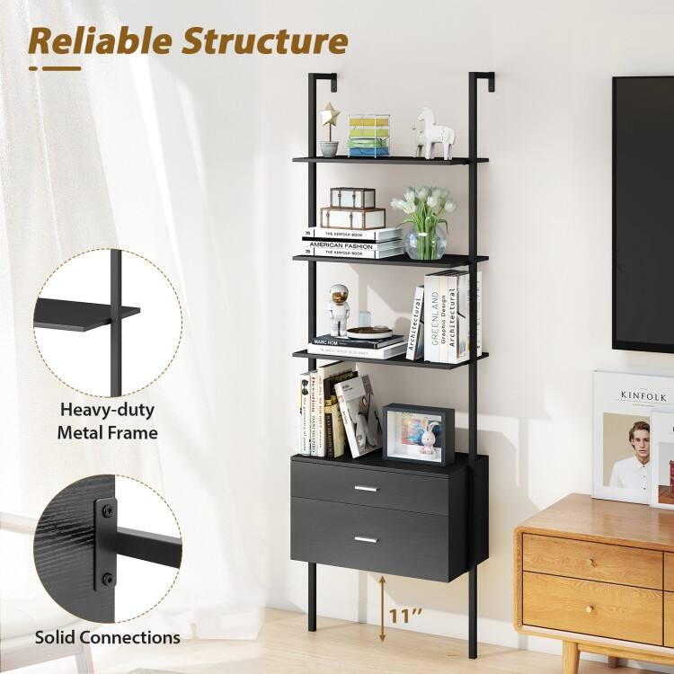Black Engineered Wood Ladder Bookcase with Metal Frame and Drawers - 23.5" x 12" x 72.5"