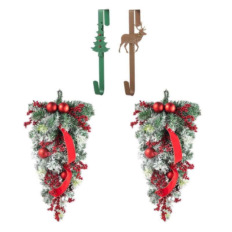 Glitzhome 25"H Artificial Christmas Flocked Berry, Ornament and Pinecone Ribbon Teardrop Door Hanging Decor - 4-piece Teardrop & Tree Reindeer Hangers