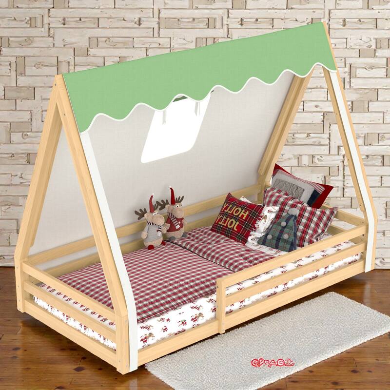 Montessori House Floor Bed with Tent and Lights, Solid Wood Teepee Bed with Guardrails, Twin/Full Kids Bed Frame