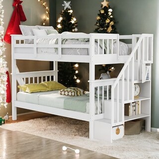 Stairway Twin over Twin Bunk Bed with Storage and Guard Rail - Bed Bath ...