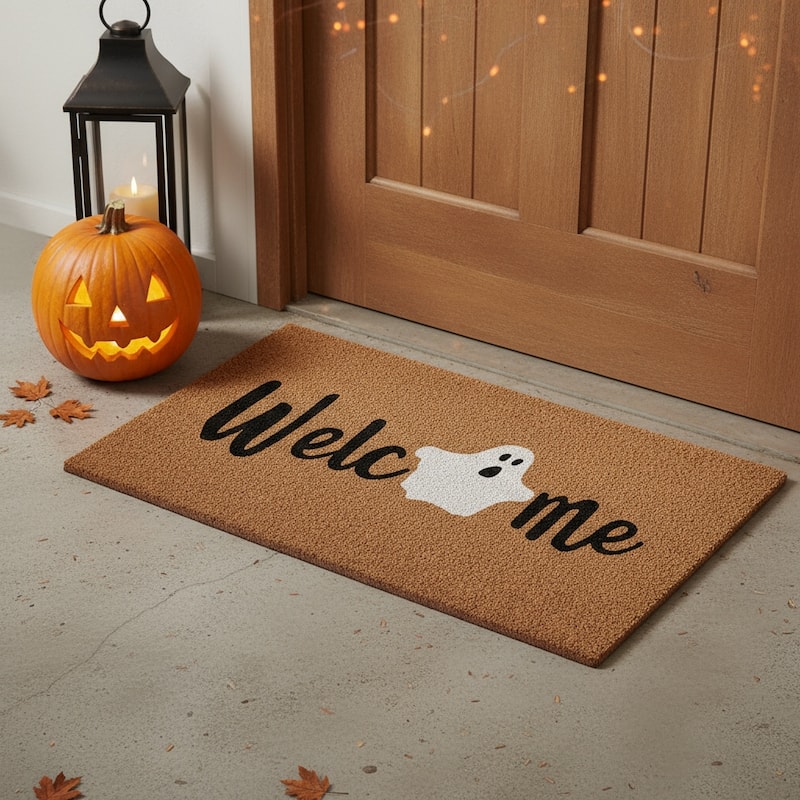 HomeRoots 17" X 29" Natural Black And White Ghost Halloween Welcome Outdoor Coir Door Mat - 17.00' X '29.00 - 17.00' X '29.00