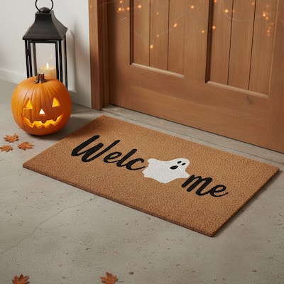 HomeRoots 17" X 29" Natural Black And White Ghost Halloween Welcome Outdoor Coir Door Mat - 17.00' X '29.00