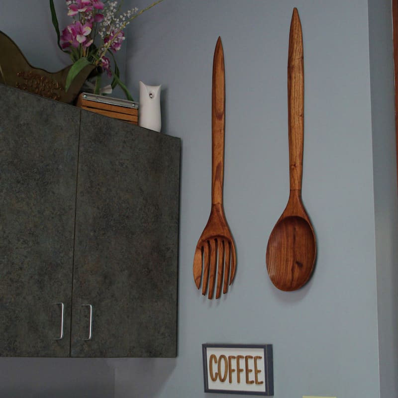 Oversized Wooden Fork & Spoon Wall Decor - Rustic Minimalist Art,