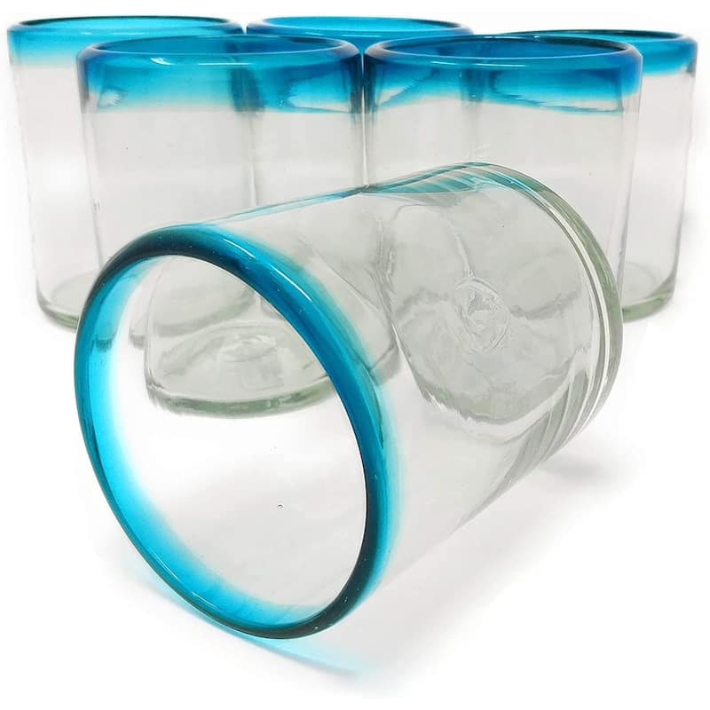 Dos Sueños Hand Blown Mexican Drinking Glasses - Set of 6 Tumbler Glasses with Aqua Blue Rims (10 oz each)