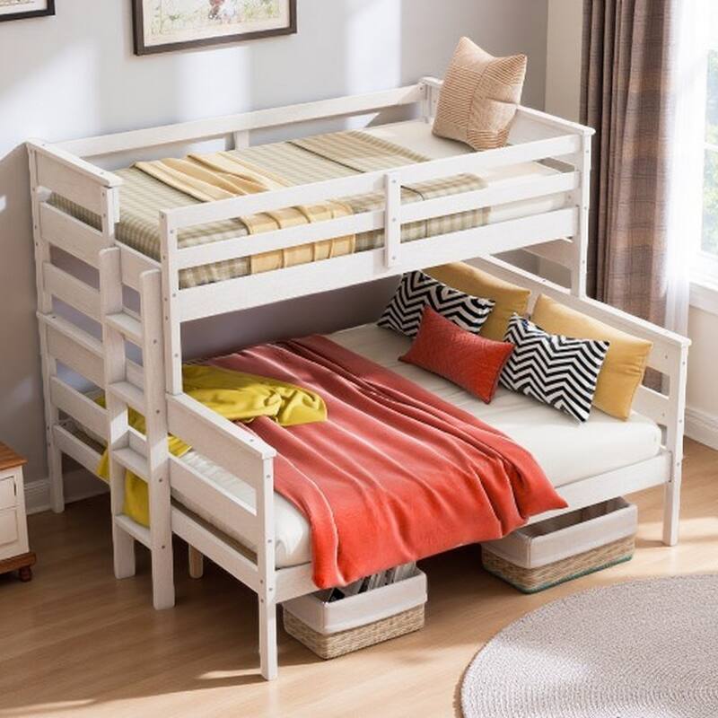 Wood Twin XL over Queen Bunk Bed with Ladder, Detachable Design, No Box Spring Required, Sturdy Pine Wood Frame - White