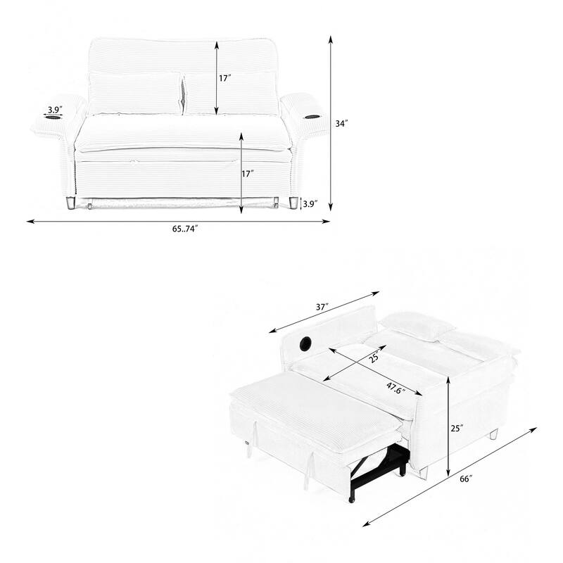 65.74-inch Green Corduroy Multi-functional Sofa Bed with Adjustable Armrests and Backrests