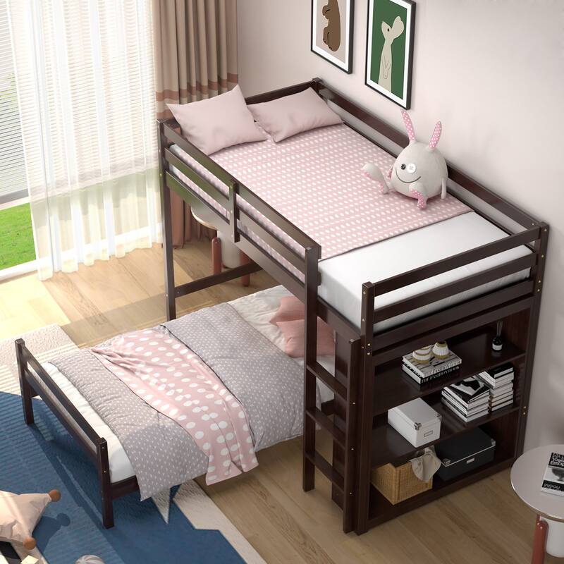 Costway Twin Over Twin Loft Bunk Bed Wood w/Bookcase Guardrail Ladder - 79.5'' x 44'' x 58.5''