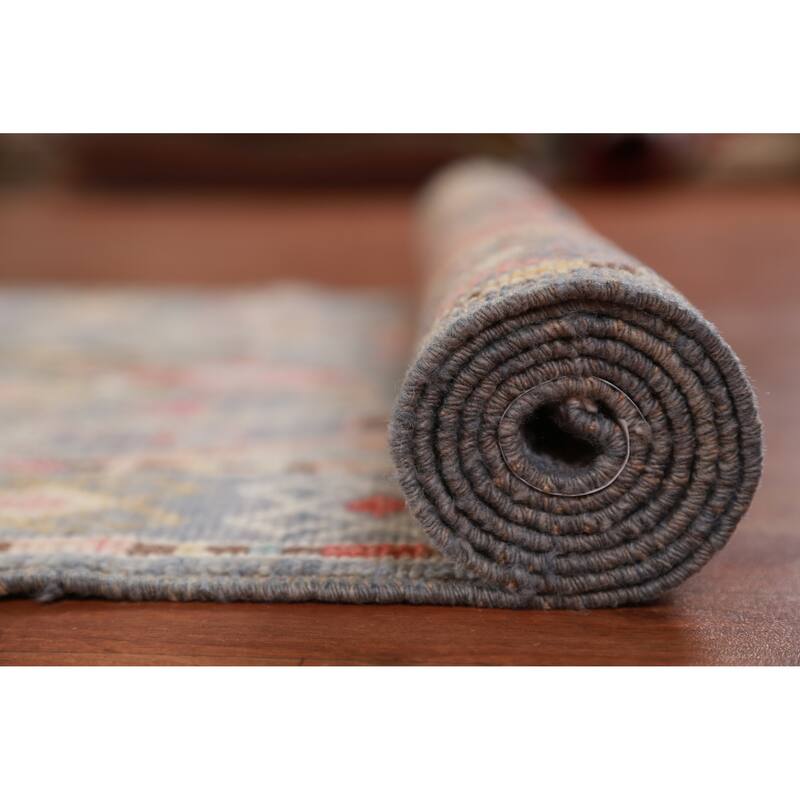 Hand Knotted Oriental 100% Wool Carpet Transitional Geometric Navy Blue & Blues Oushak Runner Rug - 12' 0'' X 3' 2''