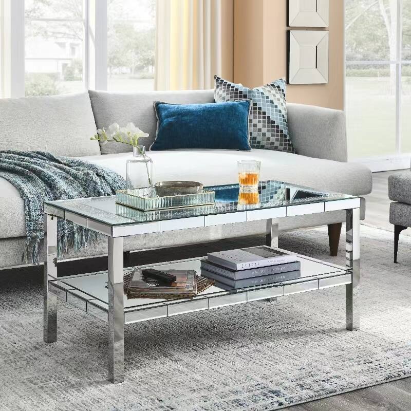 2-layer Crystal Mirror Coffee Table with Stainless Steel Fframe - Silver - Glass