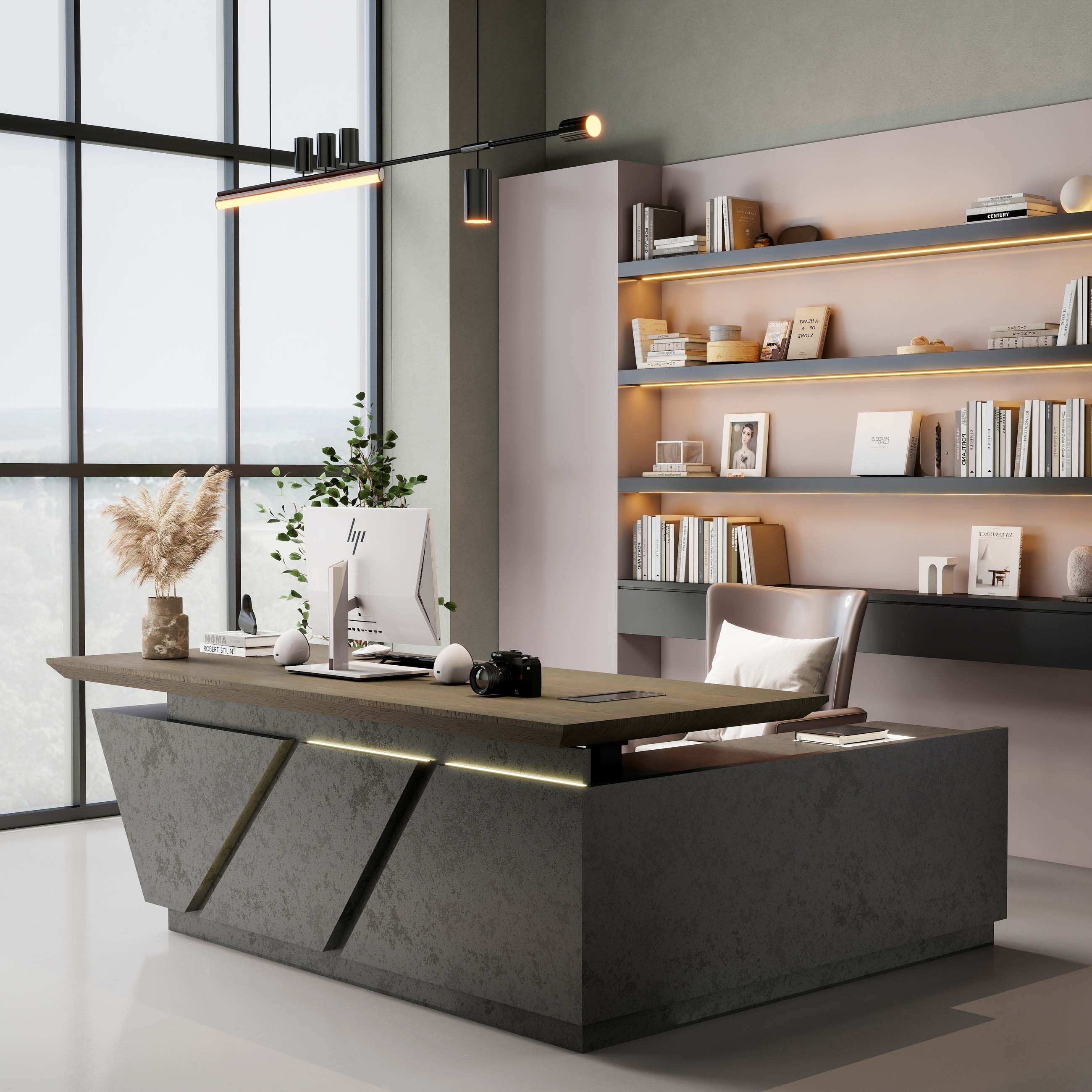 Adjustable Height L Shaped Executive Desk with Outlet Cabinets Cable Management