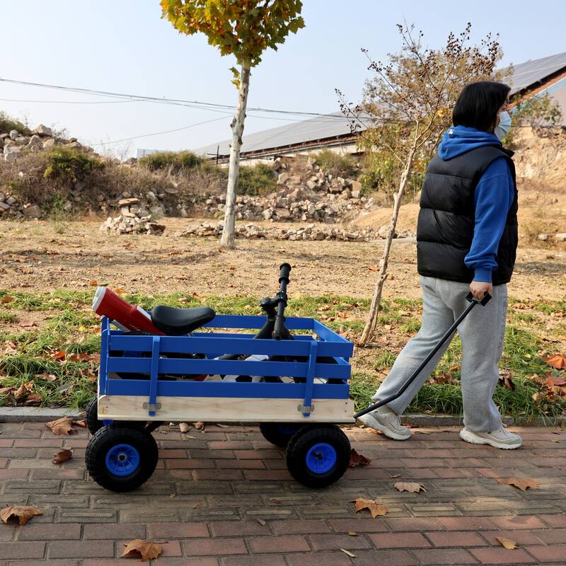 Fresh blue wooden household trolley for children's toy transportation/garden tool cart/outdoor portable trolley