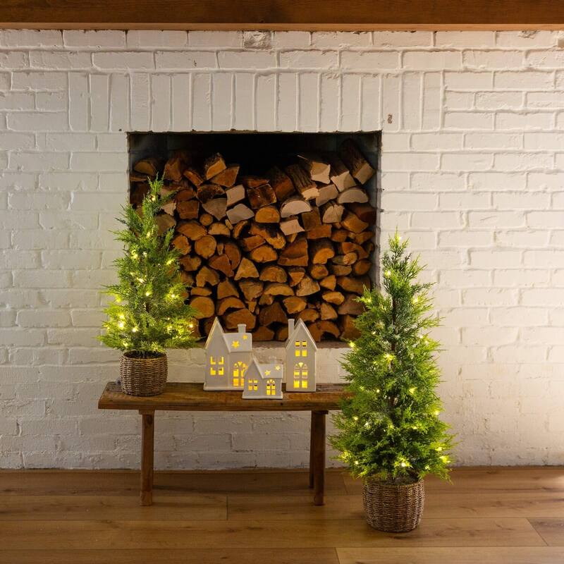 32in. Pre-Lit Lightly Snowed Cypress Artificial Christmas Tree with 30 Warm White LED Lights in Basket - Petite X-Mas Accent