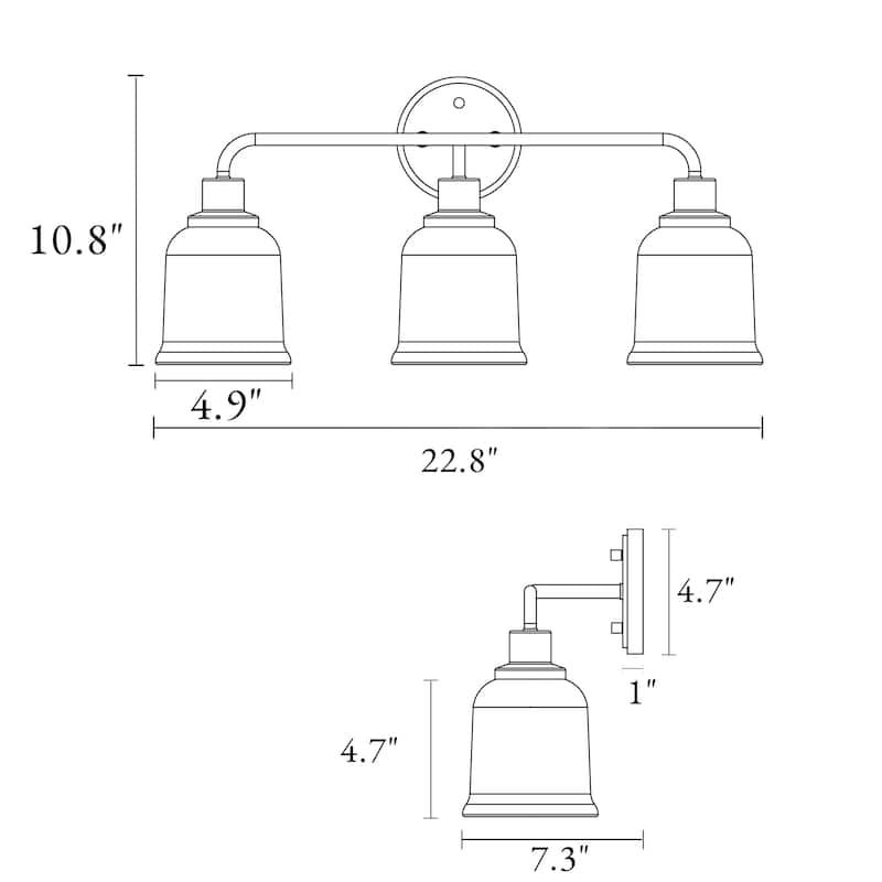 Modern Farmhouse Black 3-Light Linear Bathroom Vanity Light Glass Metal Wall Sconces - W 22.8" x L 10.8" x H 7.3"