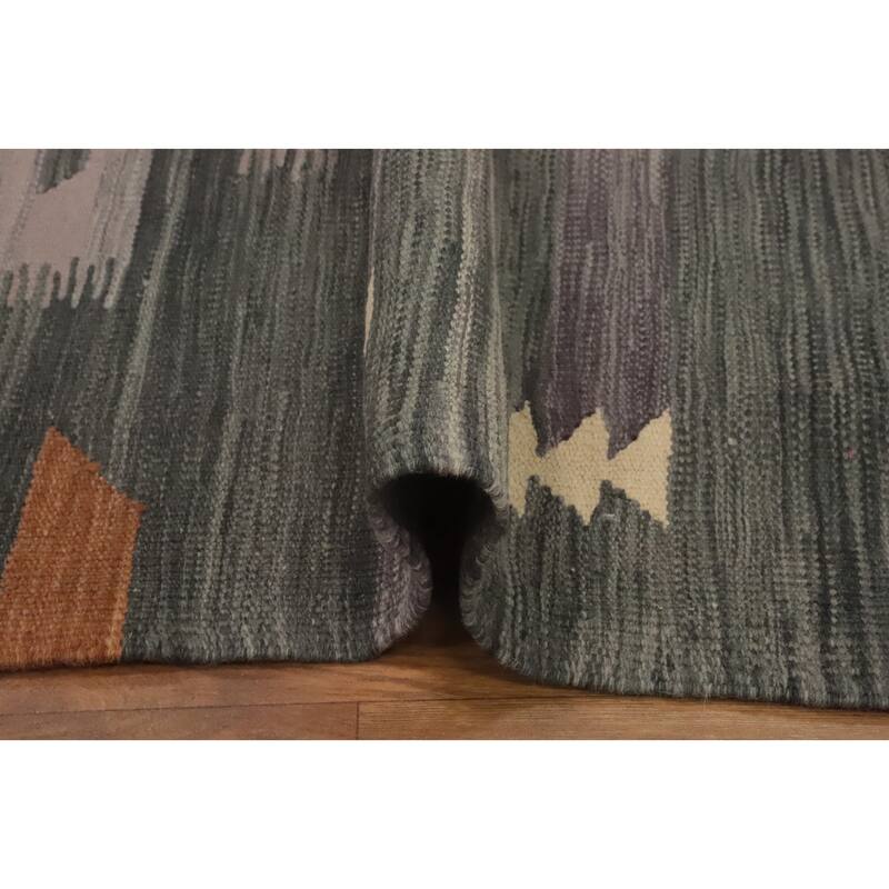 Hand Woven Oriental 100% Wool Carpet Southwestern Tribal Greys & Charcoal Kilim Area Rug - 9' 10'' X 6' 10''