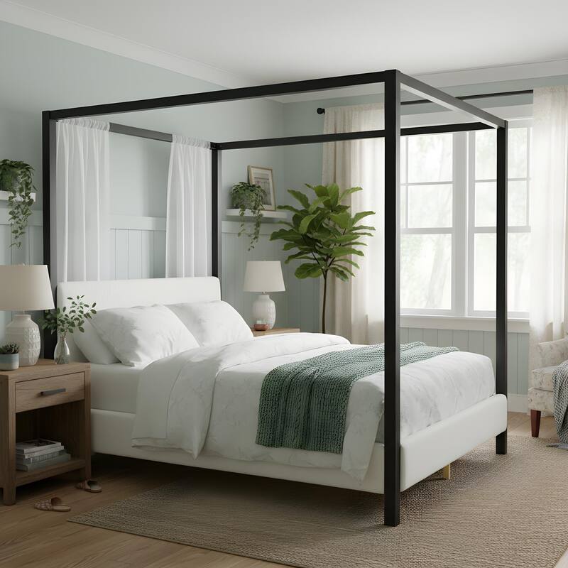 Christopher Knight Home - Mid-Century Modern Bouclé Upholstered Metal Canopy Bed Frame with Padded Headboard