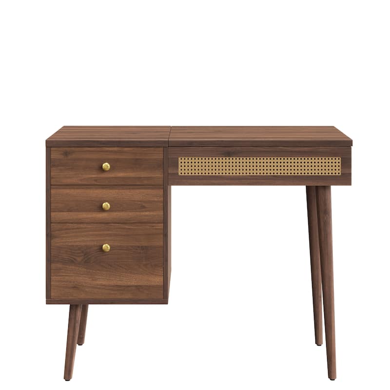 39" Retro Makeup Vantiy Set with Flip-Top Mirror and LED Lights, Walnut Dressing Table Desk with Stool