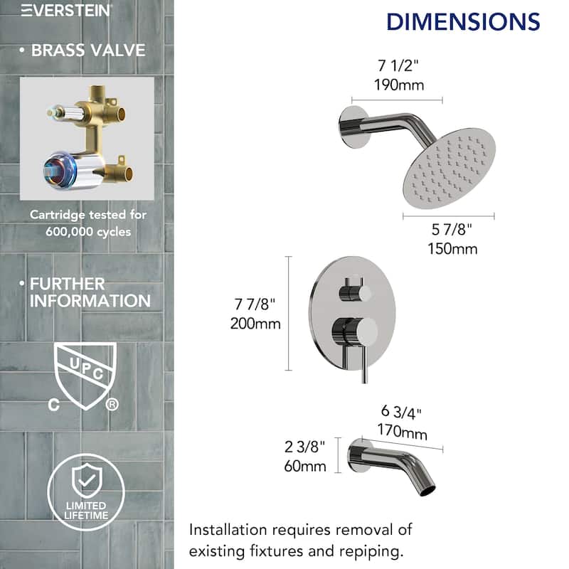 6" Dual-Function Tub and Shower Faucet Set, Modern Tub And Shower Trim Kit Valve Included