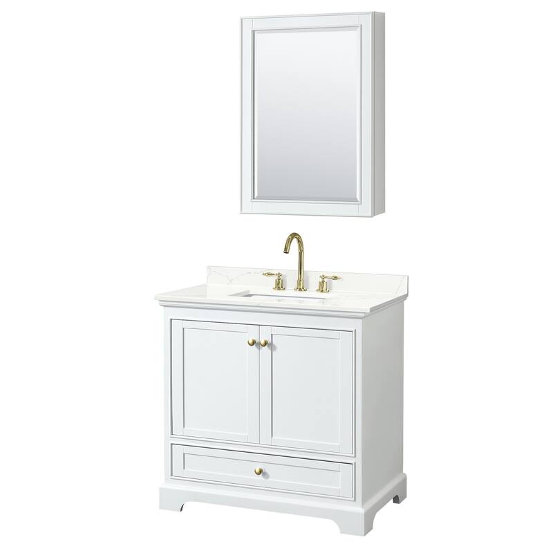 Wyndham Collection WCS202036S-QTZ-US3MED Deborah 36" Free Standing - White / Giotto Quartz Top / Brushed Gold Hardware
