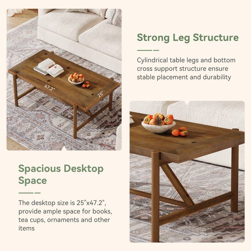 Farmhouse Solid Wood Coffee Table with Spacious Tabletop, 47-Inch Center Tea Table for Living Room
