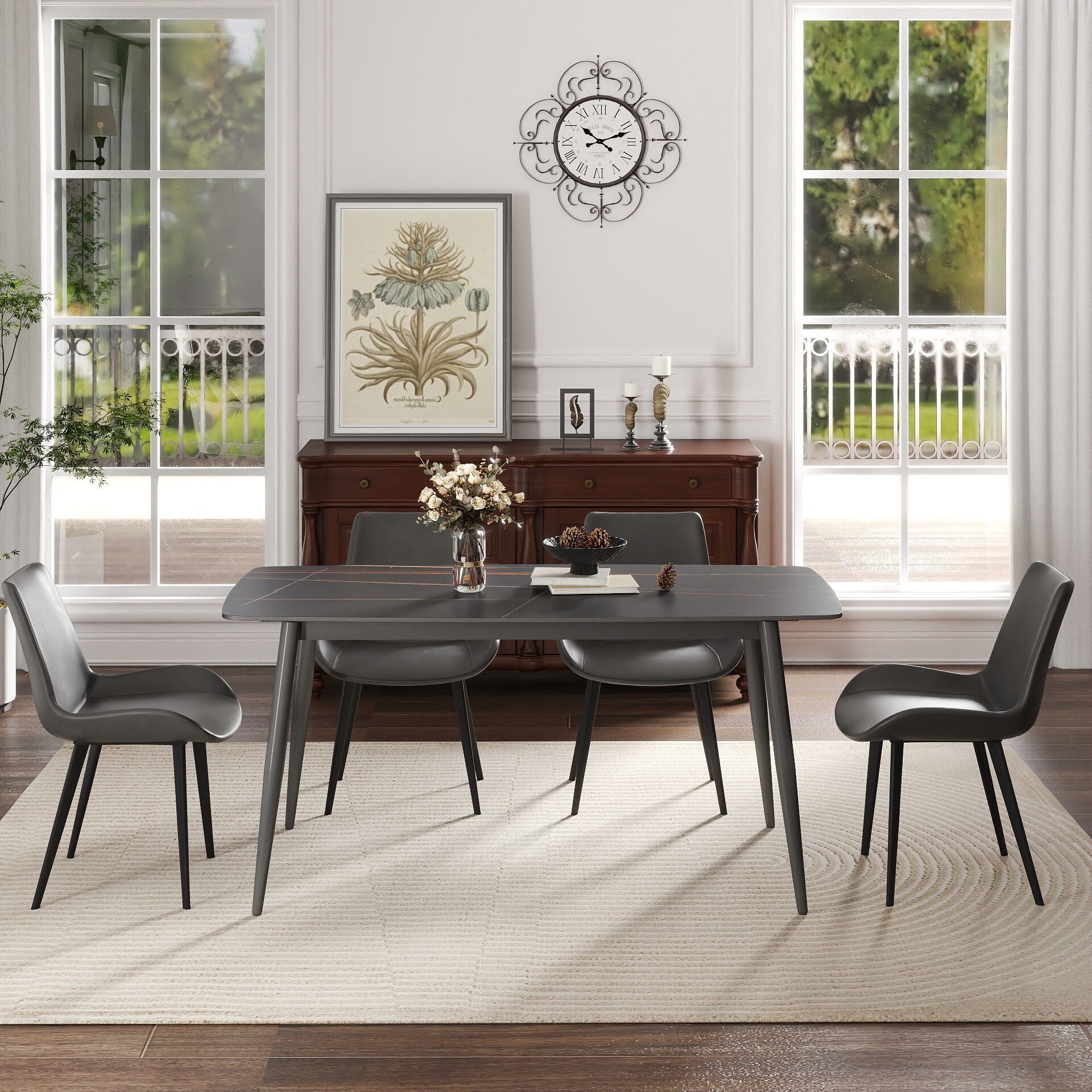 62.99" Modern Artificial Stone Curved Edge Dining Table with Round Metal Leg(Dining Table Only)