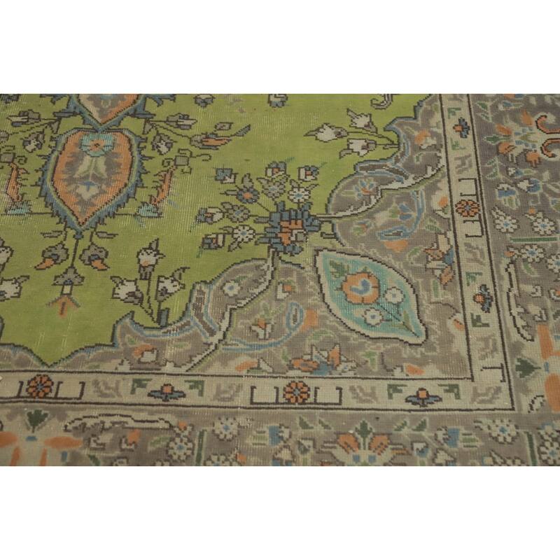 Hand Knotted Oriental 100% Wool Carpet Traditional Floral Green Tabriz Area Rug - 9' 1'' X 6' 1''
