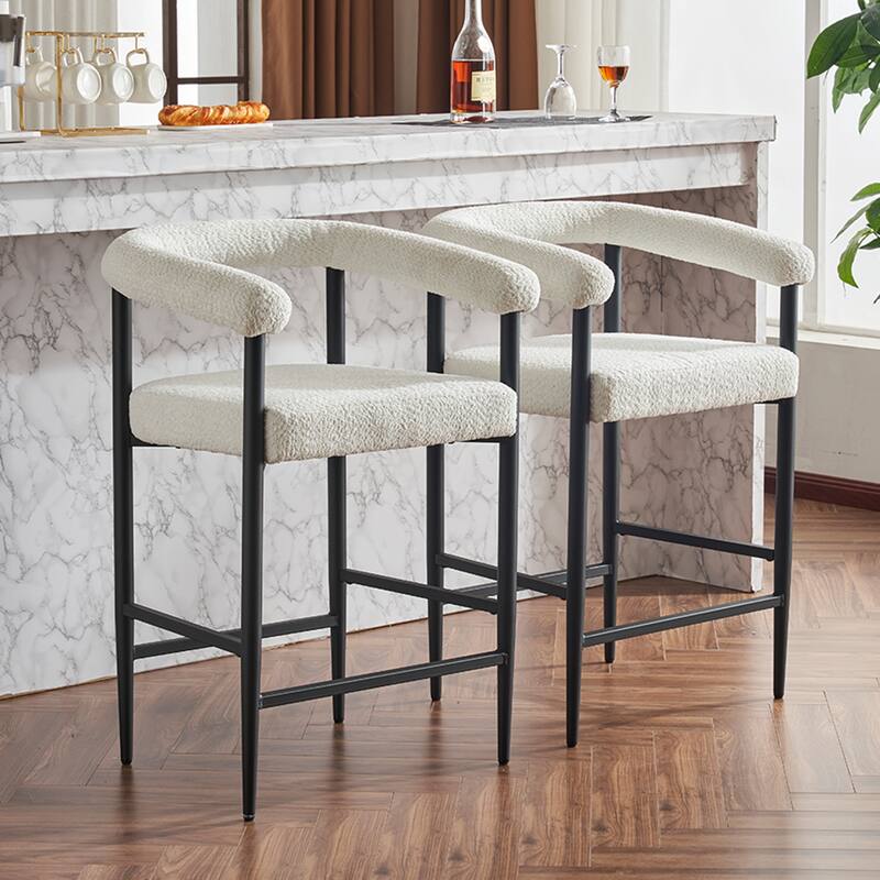 Upholstered Bar Stools, Fabric Counter Height Chairs with Metal Frame & Armrests Kitchen Island Bar Chairs Set of 2