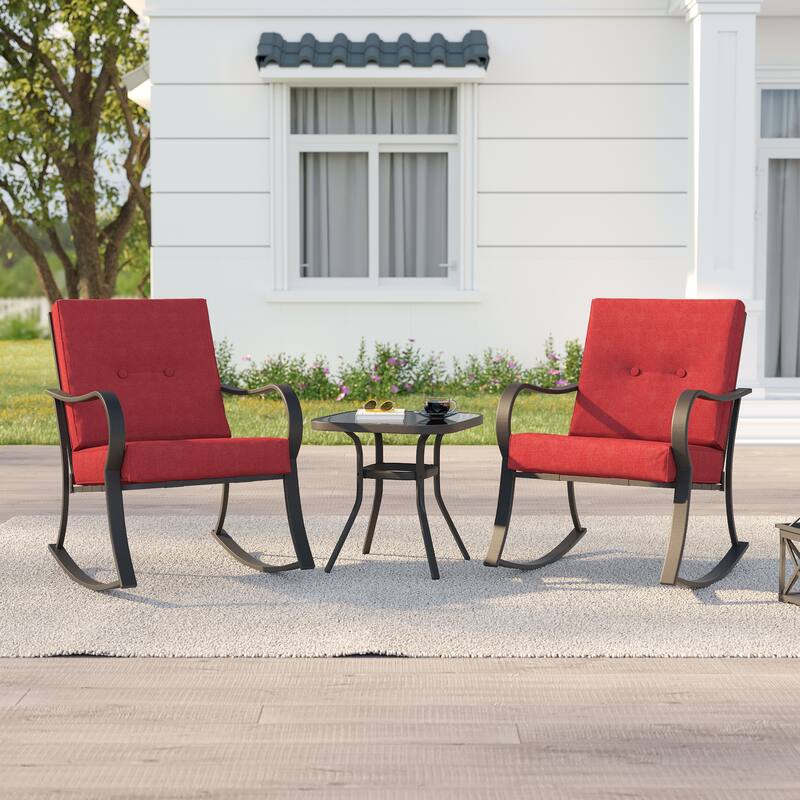 Bonosuki 3 Pieces Patio Bistro Set, Outdoor Funiture Set with 2 Rocking Chairs, Tempered Glass Top Coffee Table and Cushion