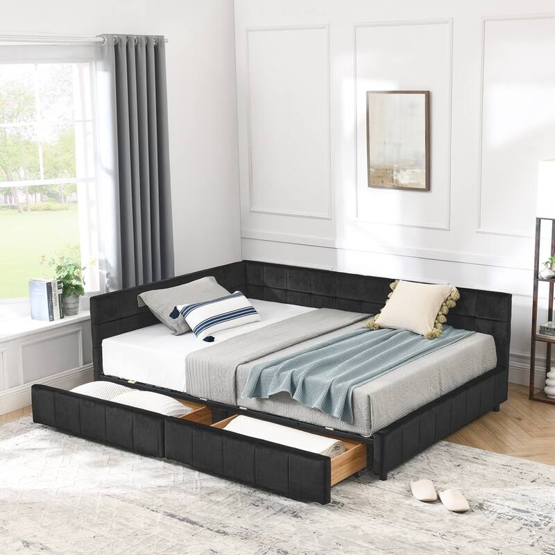 Bedroom Storage Upholstered Tufted DayBed With 2-Drawers