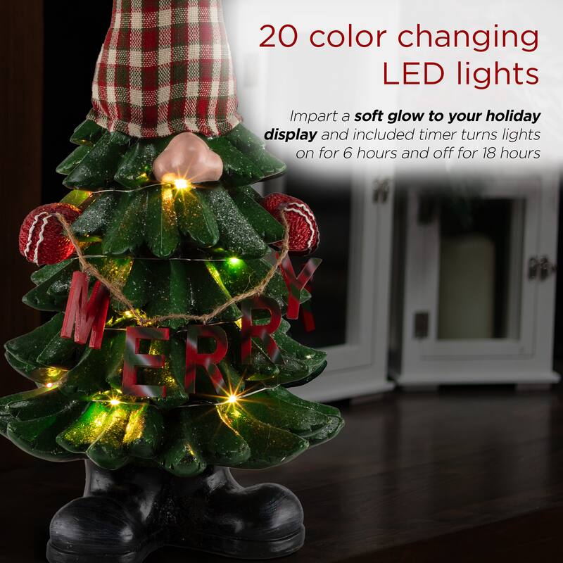 Alpine Corporation 28"H Polyresin Christmas Tree Gnome Decoration with Color Changing LED Lights