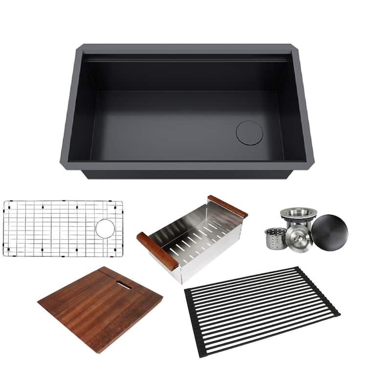 32 in. Black Stainless Steel ALL-IN-ONE Workstation 16-Gauge Undermount Single Bowl Kitchen Sink w/ Build-in Ledge Accessories